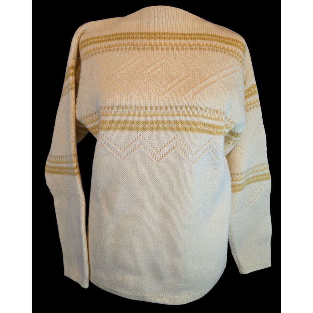 Vtg‎ Meister Knit Womens M 100% Wool Sweater Austria Ivory Tan 3D Boat Neck 70s